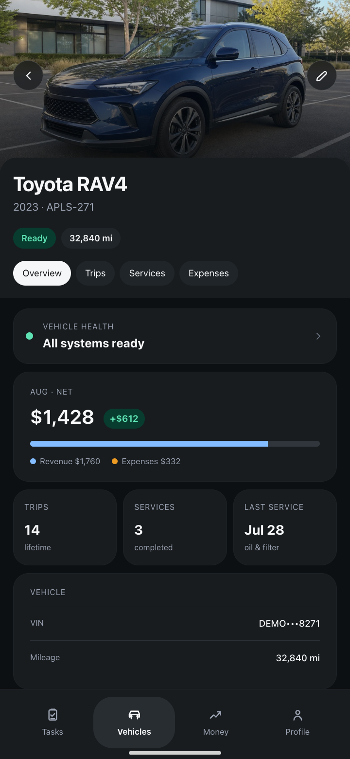 Synthetic Apuls vehicle overview demo with revenue and vehicle details
