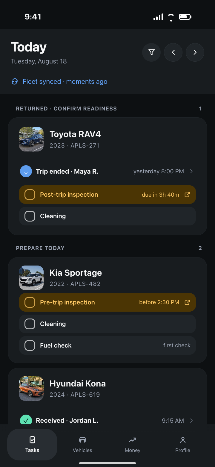 Synthetic Apuls daily task demo with returns, inspections, and cleaning work